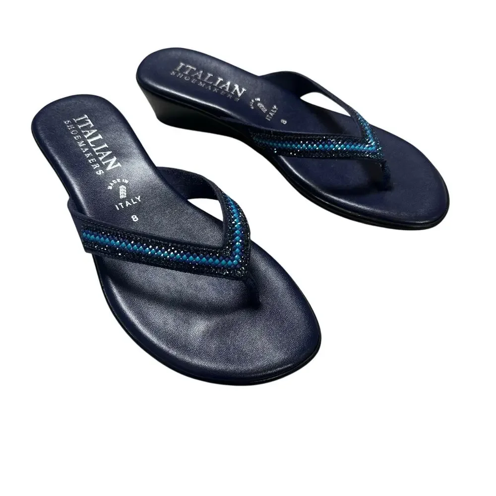 Italian Shoemakers Blue Leather and Rhinestone Wedge Sandals - Picture 1 of 6